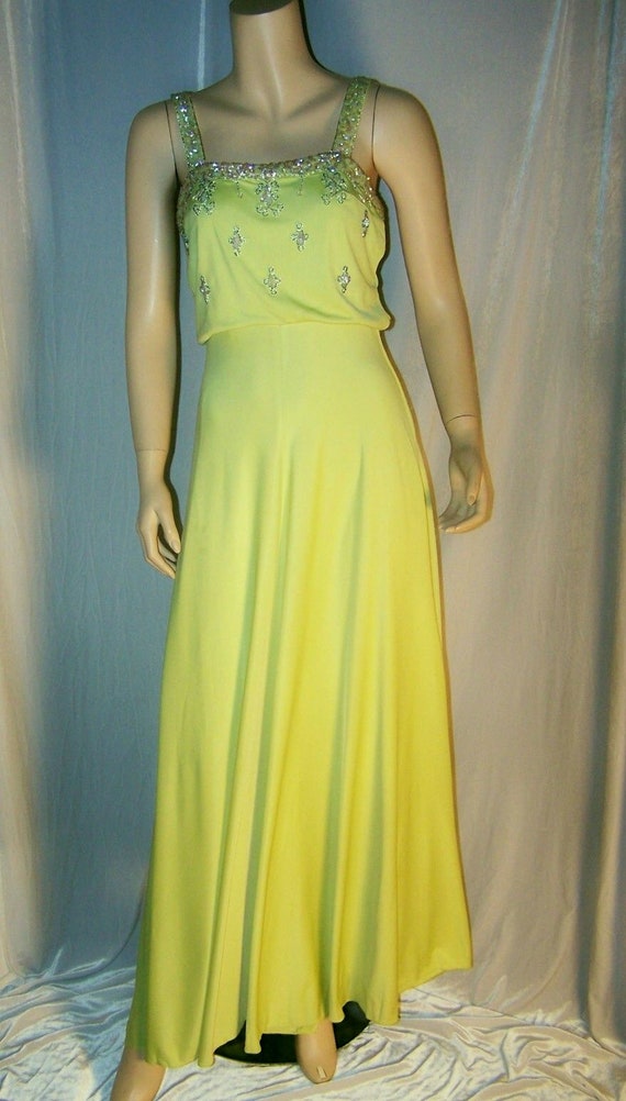 VINTAGE 1950s Lime Green BEADED Nylon Formal Dres… - image 2