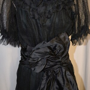 ANTIQUE Vintage Late 1910s Black SILK & NET Dress with Red Rose image 7