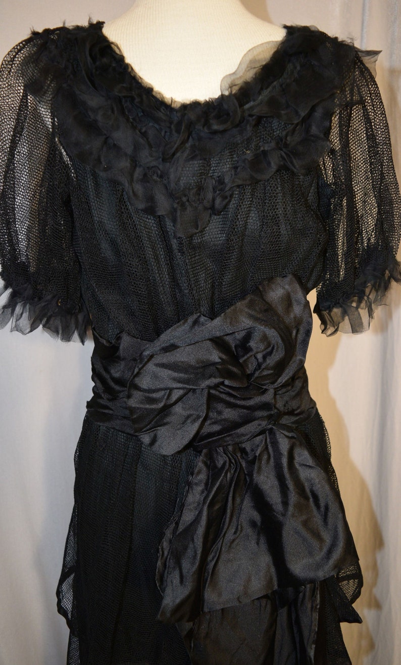 ANTIQUE Vintage Late 1910s Black SILK & NET Dress with Red Rose image 7