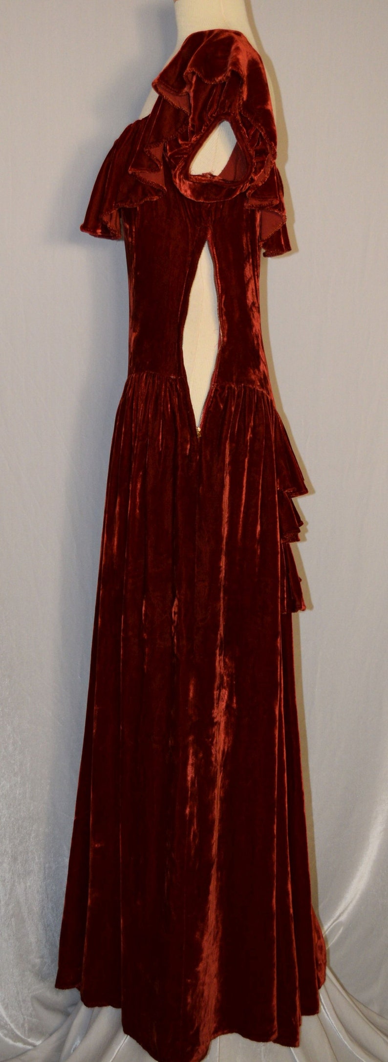 VINTAGE 1930s Burnt Orange SILK VELVET Ruffle Accent Formal Dress image 8