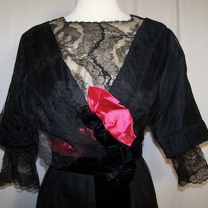 GORGEOUS! Antique Vintage 1910s Edwardian Black Lace & Silk Pink Ribbon Stylish Dress