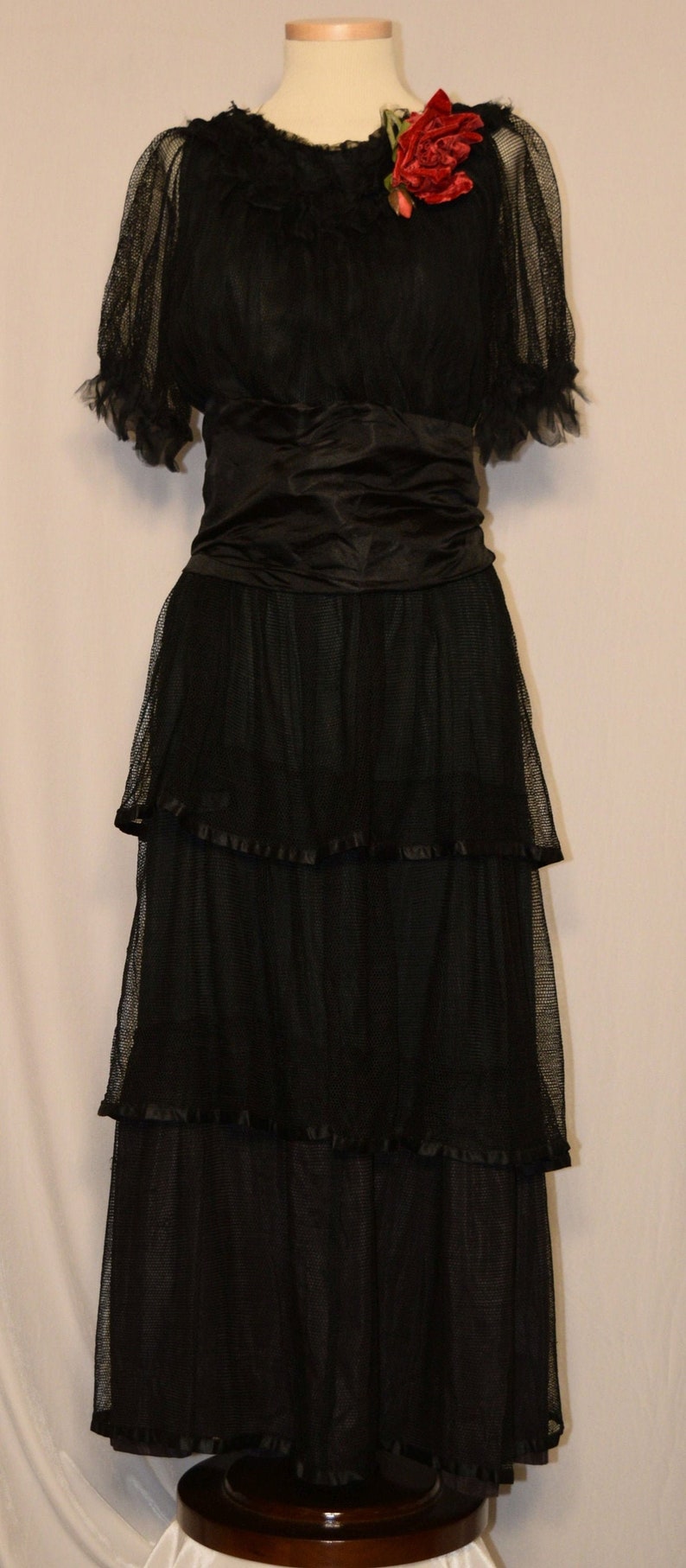 ANTIQUE Vintage Late 1910s Black SILK & NET Dress with Red Rose image 3