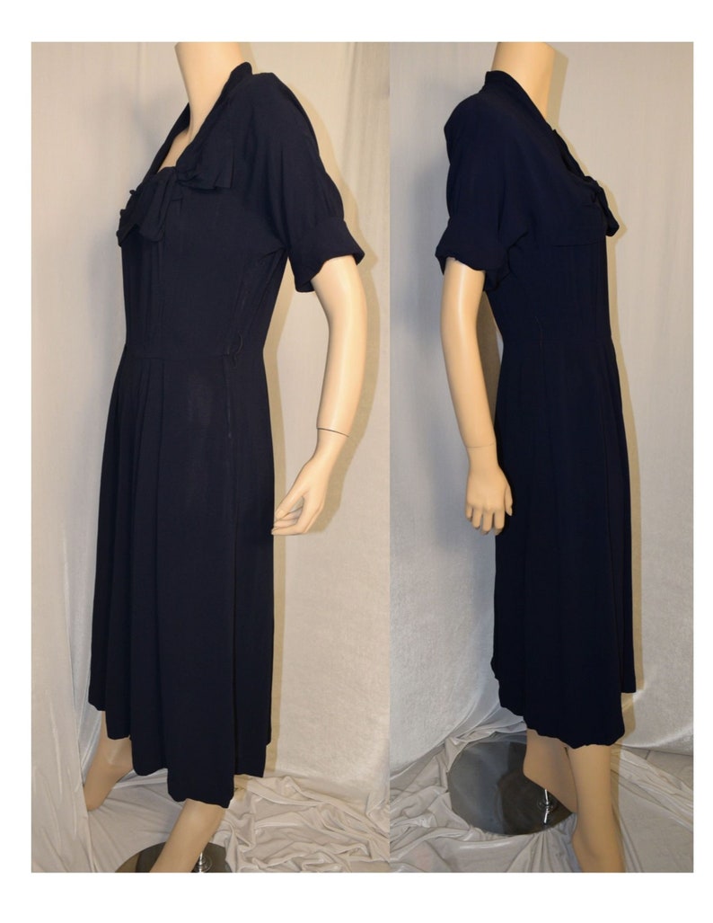 VINTAGE 1940s POLLY BRIEF Navy Blue Crepe Bow Accent Dress image 6