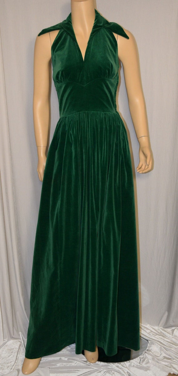 VINTAGE 1940s Green Cotton Velvet Halter Dress Gow