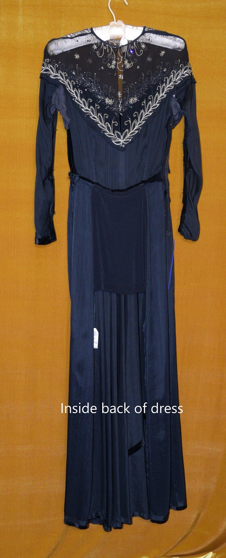 Vintage 1930/40s Black SILK Panne Velvet GLASS BEADED Dress Gown image 10