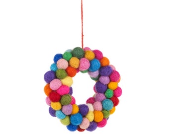 Mini Wreath - Pompom - Felt Decoration - Fair trade - Ethical - Hanging Decoration - Christmas decoration - Needle Felt - Eco - Bio