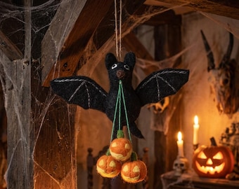 Shadow the Bat with Pumpkins - Needle Felted Halloween Hanging Decoration