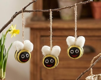 Mini Bumblebees (Set of 3) Decorations: Handmade Wool Hanging Bees