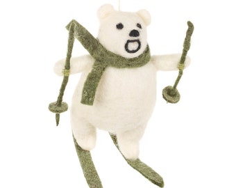 Hanging Rotund Racer Polar Bear - Needle Felted - Wool - Fair Trade - Christmas Decoration - Plastic Free - Eco Friendly - Arctic