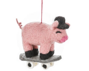 Skating Swine - Felt - Needle Felt - Skateboarding Pig - Hanging Decoration - Handmade