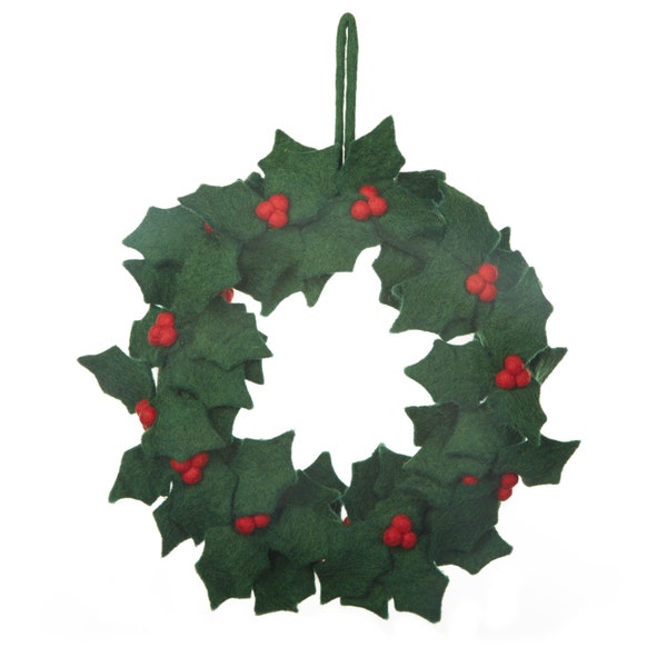 Couronne de houx décorative - Noël - Feutre à l'aiguille - Feutre de laine - Commerce équitable - Durable - Décoration d'intérieur