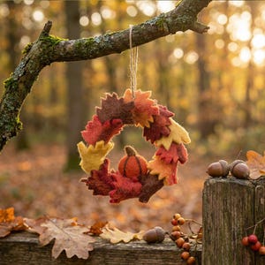 Krans herfstbladeren en pompoen: handgemaakte naaldviltwoldecoratie