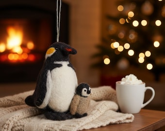Snuggly Penguins - Penguin - Christmas Decoration - Handmade - Fair trade - Biodegradable - Needle Felt - Sustainable