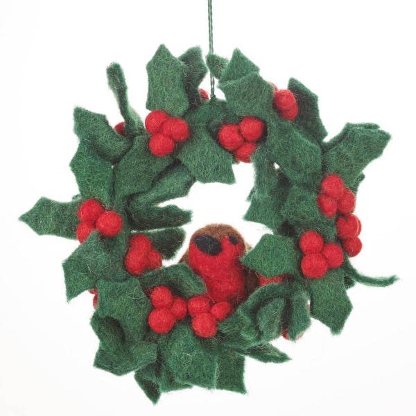 Mini Holly Wreath with Robin - Felt - Holly - Christmas - Wreath - Needle felt - Hanging decoration - Biodegradable - Eco friendly