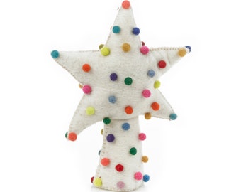 Pompom Star Christmas Tree Topper - Christmas Decoration - Needle Felt - Quirky - Kitsch - Festive - Handmade - Sustainable - Biodegradable