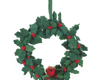 Holly Wreath with Robin - Felt Wreath - Felted decorations - Christmas decoration - Handmade - Ethical - Fair trade - Needle felted