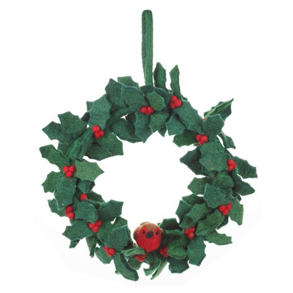 Holly Wreath with Robin - Felt Wreath - Felted decorations - Christmas decoration - Handmade - Ethical - Fair trade - Needle felted