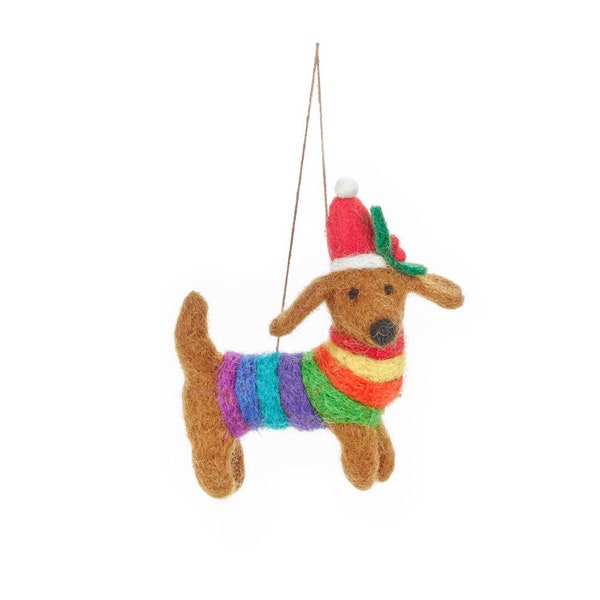 Festive Rainbow Dog - LGBT - Christmas Dog - Pride - Christmas Decoration - Sausage Dog - Hanging Decoration - Needle Felt Dog - Handmade