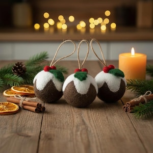 Christmas Pudding Baubles (Set of 3)-Needle Felted
