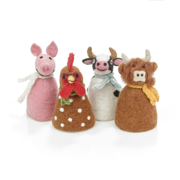 Barnyard Buddies Egg Cozy - Vache frisonne - Cochon - Poulet - Vache des Highlands - Feutre aiguille - Printemps - Pâques - Cour de ferme