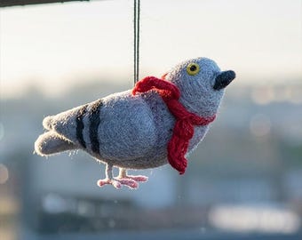 Pigeon with a Scarf Ornament: Handmade Wool Bird hanging decoration