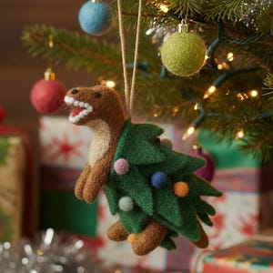 Tree-Rex - Christmas Dinosaur - T-Rex - Hanging Decoration - Quirky Christmas Tree - Needle Felt - Handmade - Biodegradable