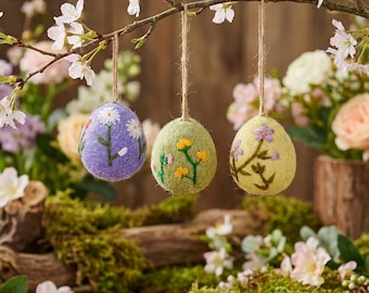 Embroidered Easter Eggs Set of 3: Needle Felted Floral Hanging Decorations