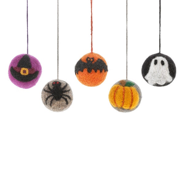 Haunted Halloween Baubles Set of 5 - Fair Trade - Halloween - Autumnal - Halloween Decorations - Pumpkin - Ghost - Witch - Spider - Bat