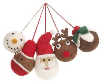 Christmas Character Baubles (Bag of 5) - Christmas Tree Decorations - Baubles - Felt Decorations - Ethical - Handmade - Biodegradable