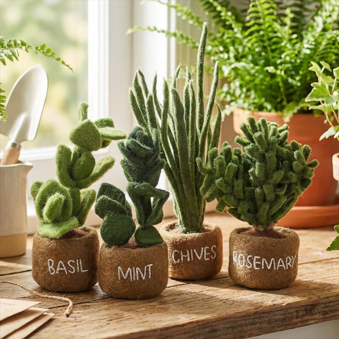 Herbs: Basil, Mint, Chives, Rosemary - Handmade Felt Eco-friendly