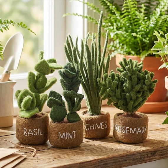 Herbs: Basil, Mint, Chives, Rosemary - Handmade Felt Eco-friendly