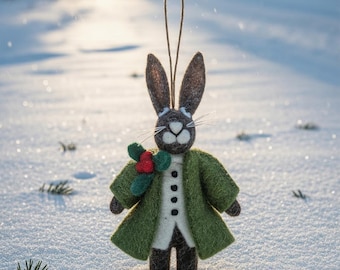 Hector Christmas Hare Ornament: Needle Felt Handmade Wool Hanging Decoration