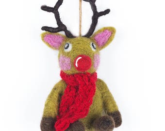 Rudolph mit Strickschal - Rentier - Hängedeko - Weihnachtsdekoration - Handgemacht - Biologisch abbaubar - Nachhaltig - Nadelfilz
