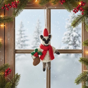 Noel the Christmas Badger Ornament: Handmade Needle Felt Wool Decoration