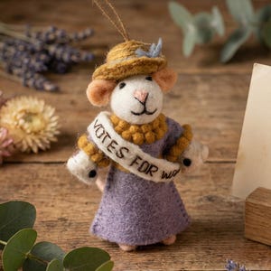 Emmeline the Mouse - Mouse - Suffragette - Hanging Decoration - Character - Needle Felt - Eco friendly - Biodegradable - Sustainable
