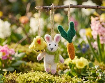 Easter Trio Decorations: Bunny, Chick, Carrot Trio - Handmade Wool
