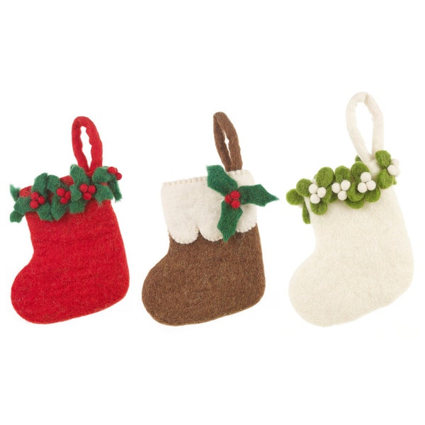Mini Christmas Stocking - Mistletoe, Holly, Christmas Pudding - Needle felt - Biodegradable - Christmas decorations - Stocking - Eco