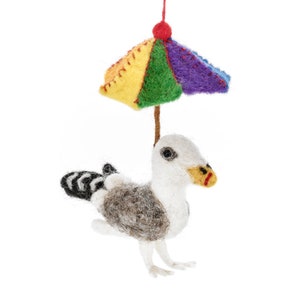 British Summer Seagull - Felt - Needle Felt - Handmade - Seagull - Umbrella - Summer - Hanging Decoration