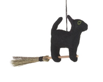 Chat noir volant - Halloween - décoration en feutre - commerce équitable - éthique - animaux mignons - décoration suspendue - effrayant - chat de sorcière