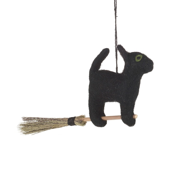 Flying Black Cat - Halloween - Felt Decoration - Fair trade - Ethical - Cute Animals - Hanging Decoration - Spooky - Witch's Cat