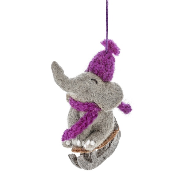 Sledging Elephant - Felt - Needle Felt - Elephant - Christmas Hanging Decoration - Handmade