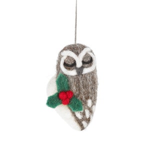 Carol the Christmas Owl - Needle Felt Decoration - Biodegradable - Owl - Christmas - Holly - Traditional Christmas - Christmas Decoration