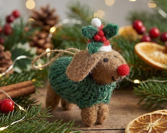 Perro salchicha Rudolph - Fieltro - Fieltro de aguja - Perro - Adorno navideño colgante - Hecho a mano