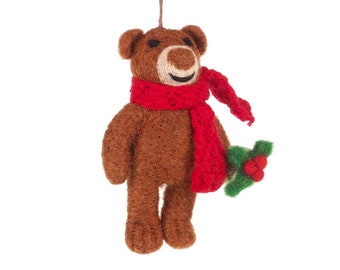 Bear with Scarf - Felt Decoration - Fair trade - Ethical - Needle Felt Animals - Hanging Decoration - Christmas decoration