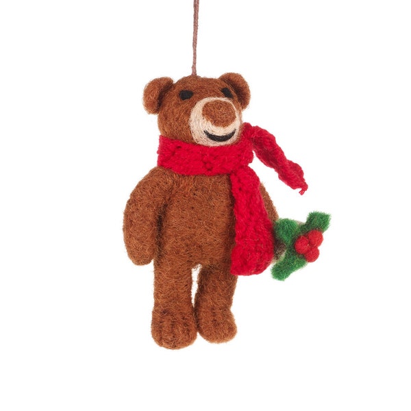 Bear with Scarf - Felt Decoration - Fair trade - Ethical - Needle Felt Animals - Hanging Decoration - Christmas decoration