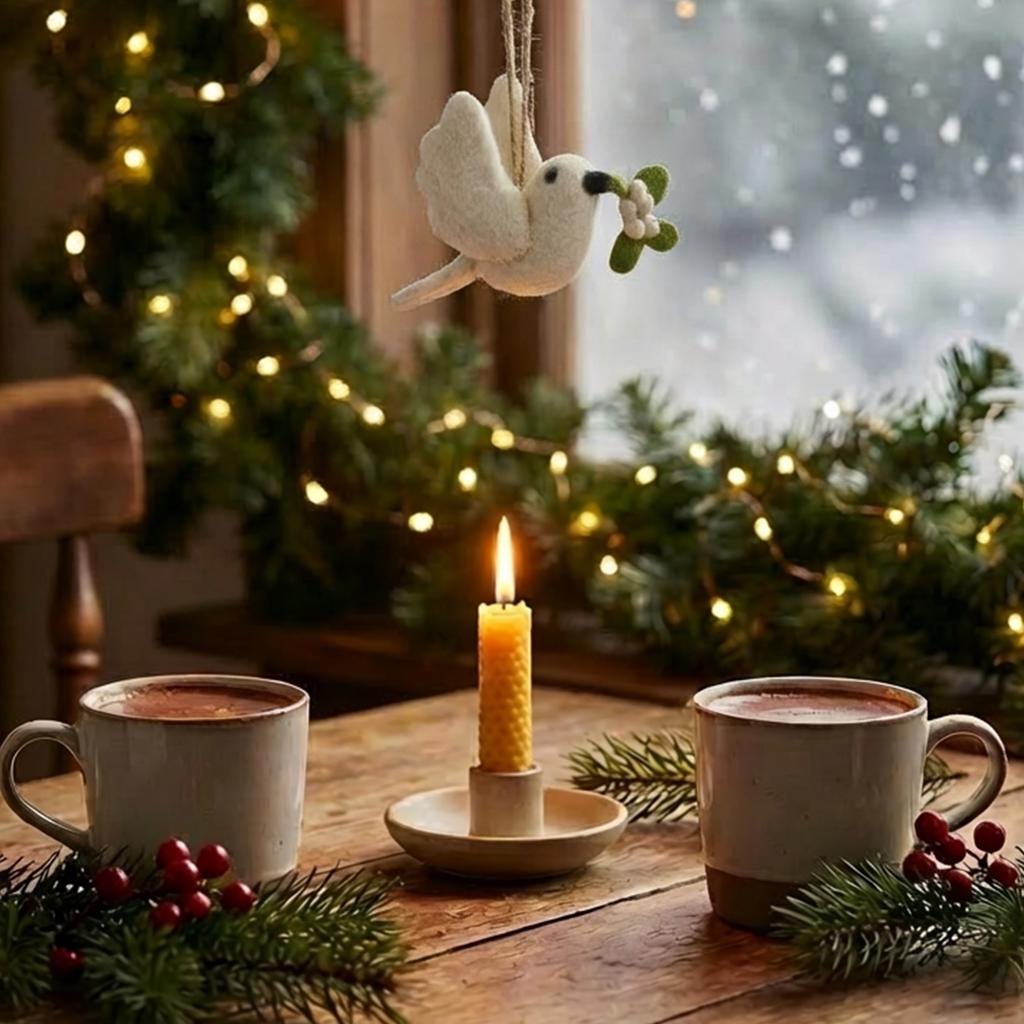 ニードルフェルトのヤドリギの鳩のオーナメント：手作りウールの