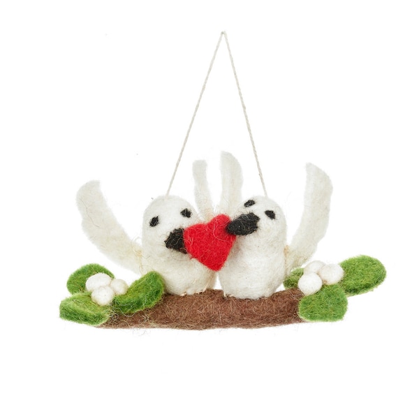 Mistletoe Kiss Doves - Christmas Tree Decoration - Needle Felt - Handmade - Hanging Decoration - Fairtrade
