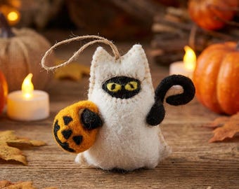 BOO! Cat Halloween Decoration - Needle Felted Fair Trade Ghost Cat with Pumpkin