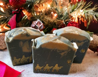 We Three Kings with Frankincense and Myrrh, Hand Stamped and Hand Painted Cold Processed Soap, Limited Edition, Christmas Soap