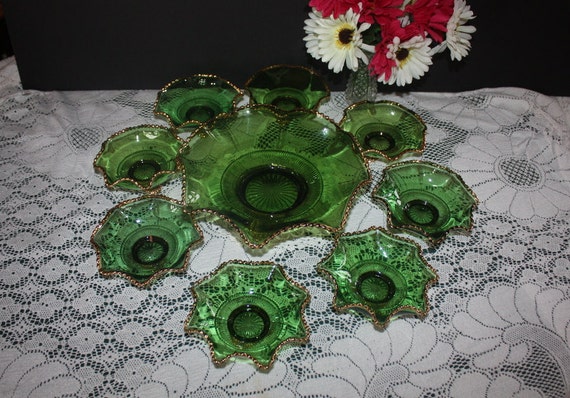 Vintage EAPGUS Glass Green Colorado Pattern 9 Piece Footed Berry Bowl Set with Gold Accents